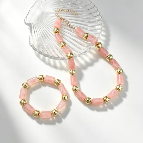 YBMYCM Colorful Resin Beaded Necklace Bracelet Set for Women, Adjustable Chunky Choker Necklace with Stretch Bracelet, Boho Statement Summer Beach Jewelry Gift for Her - color: Pink