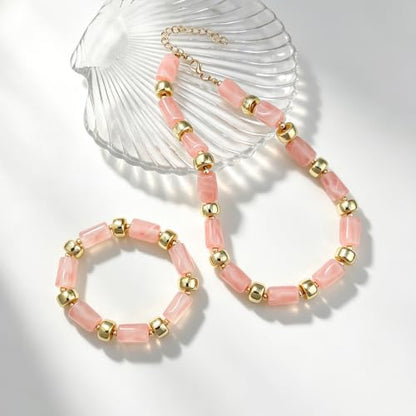 YBMYCM Colorful Resin Beaded Necklace Bracelet Set for Women, Adjustable Chunky Choker Necklace with Stretch Bracelet, Boho Statement Summer Beach Jewelry Gift for Her - color: Pink