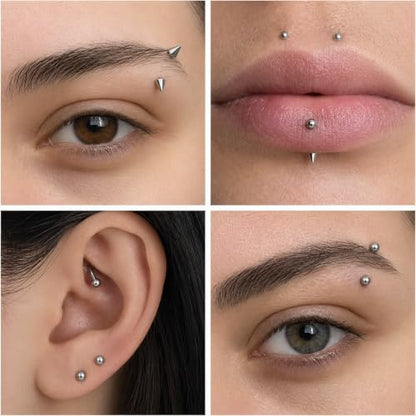 16-Piece 16G Curved Barbell Eyebrow Rings, Ball/Spike, 6-12mm | Hypoallergenic 316L steel with 3mm ball and spike ends for eyebrow, rook, vertical labret, lip, navel and daith piercings
