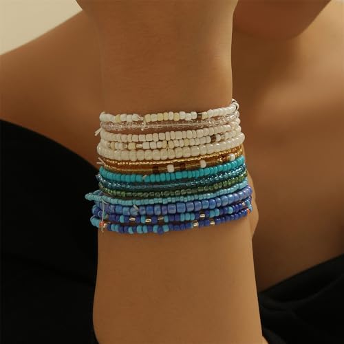 18Pcs Boho Stackable Beaded Bracelets for Women Colorful Handmade Multilayered Rice Beads Anklets Set Summer Beach Bohemian Jewelry Gift - color: Style 1 Blue B