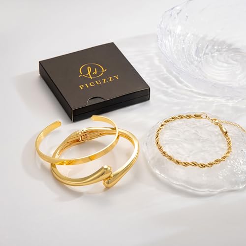 14K Gold Plated Stackable Bangle Bracelets for Women | Dainty Cuff Bracelets, Stackable for Women, Waterproof Bracelet Stack, Gold Jewelry Gifts Trendy Adjustable Accessories - color: 3-layer-H-Gold