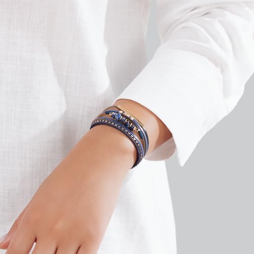 Boho Gemstone Beaded Leather Wrap Bracelets Stackable Chunky Cuff Bracelet Western Jewelry Cowboy Chic Country Concert Outfits for Women - color: Navy Blue