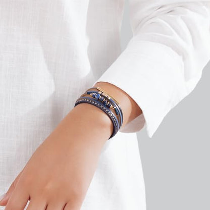 Boho Gemstone Beaded Leather Wrap Bracelets Stackable Chunky Cuff Bracelet Western Jewelry Cowboy Chic Country Concert Outfits for Women - color: Navy Blue