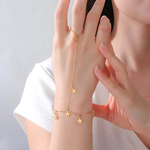 Y2k Stars Tassel Charm Hand Chain Bracelets for Women Dainty Polished Minimalist Link Ring Bracelet Stackable Stainless Steel Adjustable Chain Non Tarnish Fashion Jewelry Gifts - color: Gold