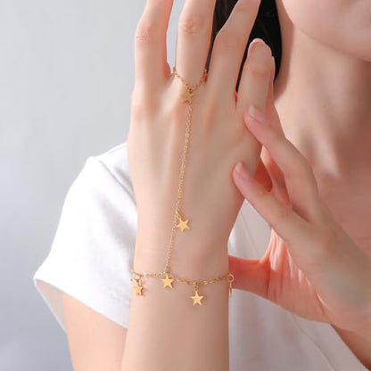 Y2k Stars Tassel Charm Hand Chain Bracelets for Women Dainty Polished Minimalist Link Ring Bracelet Stackable Stainless Steel Adjustable Chain Non Tarnish Fashion Jewelry Gifts - color: Gold