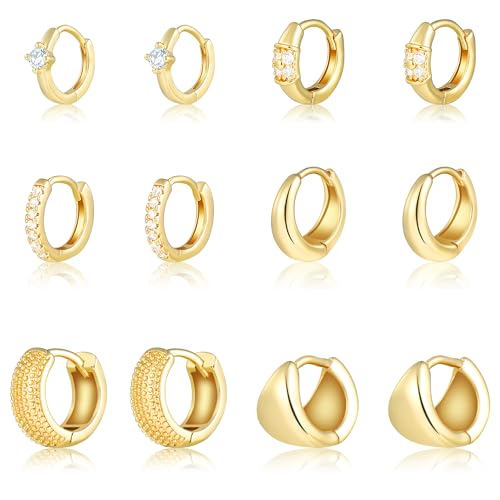 Wgoud Small Gold Hoop Earrings Set for Women, 6 Pairs 14K Gold Plated Hypoallergenic Lightweight Huggie Hoops Earrings, Trendy Cartilage Cubic Zirconia Earrings for Women Gifts. - color: F-Gold hoops