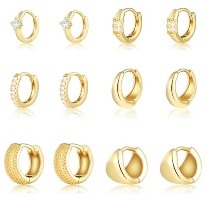 Wgoud Small Gold Hoop Earrings Set for Women, 6 Pairs 14K Gold Plated Hypoallergenic Lightweight Huggie Hoops Earrings, Trendy Cartilage Cubic Zirconia Earrings for Women Gifts. - color: F-Gold hoops