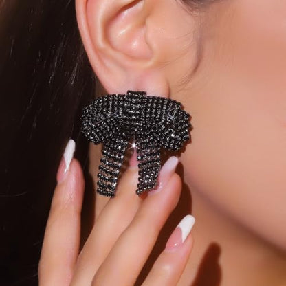 Rhinestone Earrings Dangling for Women Sparkly Silver Dangle Earrings Girls Long Chandelier Earrings Tassel Lightweight Ear Studs Cubic Zirconia (KE001S-W) - color: Bow BXE013BK