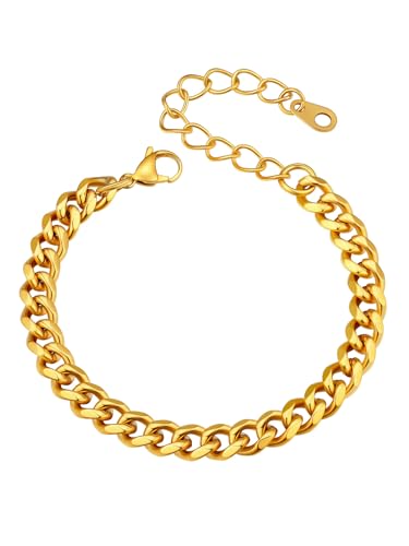 U7 Link Bracelets for Men, Cuban Link/Rope/Watch Band Solid Bracelet, Silver Black Gold Color Wrist Bracelet 3/6/9/12/15mm Width, 6.5/7.5/8.3 Inch Length, Hand Chain Jewelry for Mens Women - color: Cuban-Gold, size: 6mm, 6.5 inches