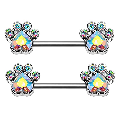 Pierced Owl Aurora Borealis CZ Crystal Dog Paw Nipple Barbell - 316L Stainless Steel - 14Gauge - 9/16 Inch - Pair