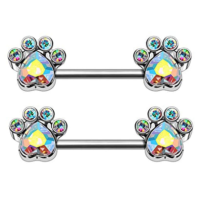Pierced Owl Aurora Borealis CZ Crystal Dog Paw Nipple Barbell - 316L Stainless Steel - 14Gauge - 9/16 Inch - Pair