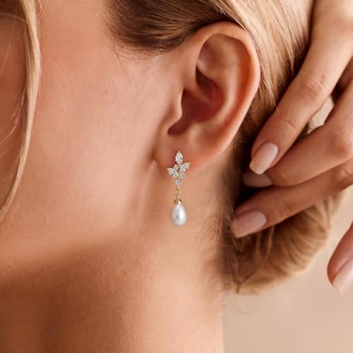 Plenky Pearl Earrings-14K Gold Plated Dainty Pearl Drop Simple Wedding CZ Dangle Dangling Cute Stud Earrings for Brides Earrings for Women Gifts - style: G-CZ Leaf Pearl Earrings