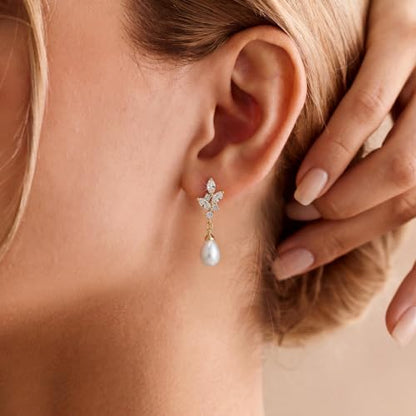 Plenky Pearl Earrings-14K Gold Plated Dainty Pearl Drop Simple Wedding CZ Dangle Dangling Cute Stud Earrings for Brides Earrings for Women Gifts - style: G-CZ Leaf Pearl Earrings