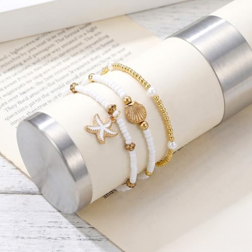 3PCS Waterproof Boho Layered Anklets Bracelets for Women | Gold Beaded Seashell Ankle Bracelets, Adjustable Beaded Anklet, Hawaiian Beach Seashell Starfish Foot Jewelry Gifts