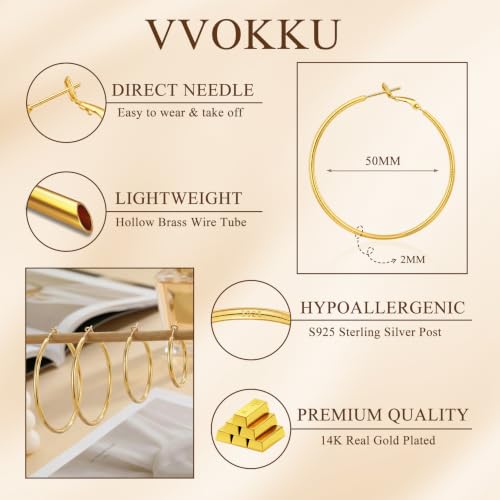 2MM S925 Sterling Silver Hoop Earrings Thin Gold Large Hoop Earring Lightweight Hypoallergenic Big Silver Thin Hoops Earring Gold Hoops Earrings for Women 30/40/50/60 MM - color: 50mm-Gold