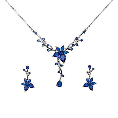 Faship Gorgeous CZ Crystal Floral Necklace Earrings Set - color: Blue