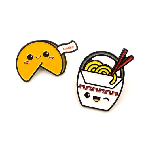 Enamel Pin Set (2 Pins Per Set) for Backpack, Bag, Lapel, Noodles, Food, Kawaii Button Collector - style: Chinese Takeout & Fortune Cookie