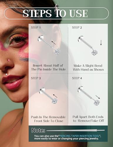 Nose Rings Studs Flat Back Earrings Hypoallergenic - Threadless Surgical Steel Nose Ring Studs Cartilage Earring Monroe Nostril Labret Medusa Tragus Conch Helix Piercing Jewelry for Women Men 28Pcs - size: 16G-6MM
