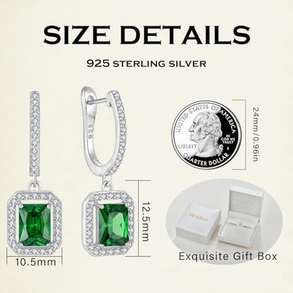 Women's Solitaire Dangle Drop Earrings 925 Sterling Silver Pure Square Huggie Earrings Hoop Dangle Drop Earrings Jewelry Gift - color: 05-emerald-May