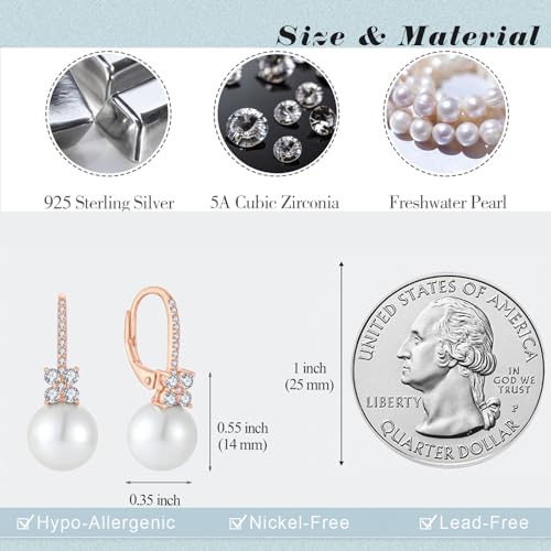 Pearl Earrings for Women 925 Silver Freshwater Real Pearl Drop Dangling Earrings for Birthday Christmas Anniversary - color: Rose Gold
