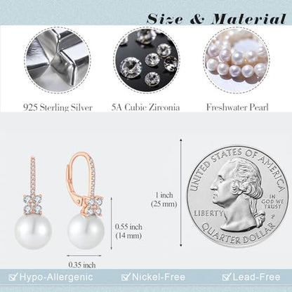 Pearl Earrings for Women 925 Silver Freshwater Real Pearl Drop Dangling Earrings for Birthday Christmas Anniversary - color: Rose Gold