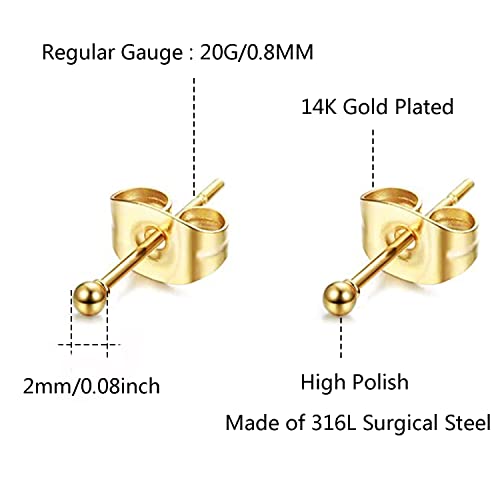 6Pairs 2mm/3mm Surgical Steel Hypoallergenic Piercing Studs, 20G 14K Real Gold Filled Tiny Stud Earrings Set for Multiple Hole Piercing (Cubic Zirconia, Pearl, Ball) - style: A : Ball, Gold, 2MM, 6 Pairs