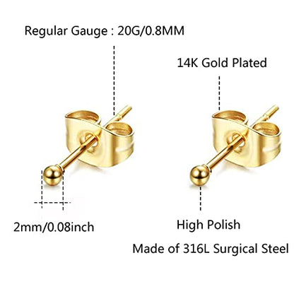 6Pairs 2mm/3mm Surgical Steel Hypoallergenic Piercing Studs, 20G 14K Real Gold Filled Tiny Stud Earrings Set for Multiple Hole Piercing (Cubic Zirconia, Pearl, Ball) - style: A : Ball, Gold, 2MM, 6 Pairs