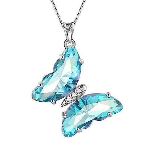 Aurora Tears Butterfly Necklace Earrings Ring Bracelet - Women 925 Sterling Silver Animal Butterflies Birthstone Pendant Crystal Wedding Birthday Jewelry - color: pendant-C.March-light blue