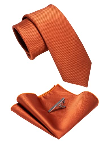 JEMYGINS 2.4" Solid Color Skinny Tie and Pocket Square with Tie Clip Sets for Men (6cm) - color: Rust