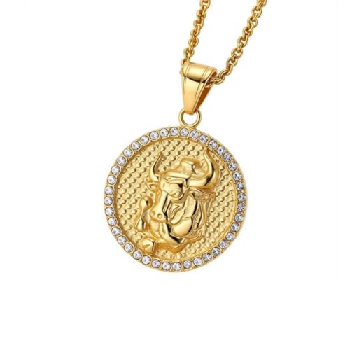 HIJONES Men's Women's Stainless Steel Zodiac Coin Embossed Necklace CZ Astrology Horoscope Pendant Necklace - color: Gold Taurus