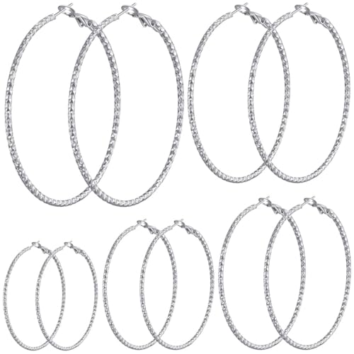 4/10 Pairs Stainless Steel Gold Silver Plated Hoop Earrings Hypoallergenic Dainty Big Small Hoops Earrings Set for Women - color: 5 Pairs Silver Plated Filigree Hoop Earrings Set