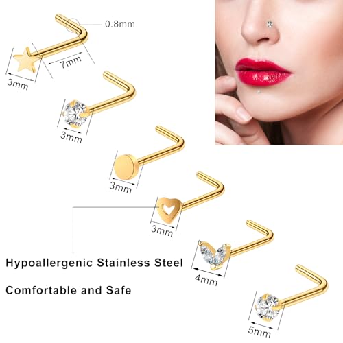 23-40 Pcs Gold Nose Rings & Studs - 18G & 20G Nose Piercing Jewelry - L Shape, Hoop & Screw Body Jewelry for Women & Men - color: Gold-B