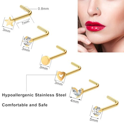 23-40 Pcs Gold Nose Rings & Studs - 18G & 20G Nose Piercing Jewelry - L Shape, Hoop & Screw Body Jewelry for Women & Men - color: Gold-B