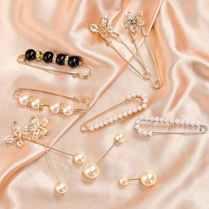Huquary 20 Pcs Elegant Brooches Jewelry Accessories for Women, Pearl Rhinestone Brooch Safety Pins, Scarf Rings Clip Pin T-shirt Ties Clips Buckle for Wedding, Party, Daily Wear