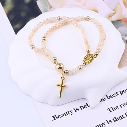 GAUEIOUR Catholic Rosary Beaded Bracelet for Women,Christian Prayer Beads with Alloy Cross & Virgin Mary Charm,Religious Faith Jewelry