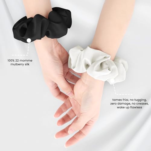 Silk Hair Scrunchies for Women, 100% Mulberry Silk Hair Ties, No Damage for Curly Hair, Large Scrunchie for Sleep, 1-Pack, Balck, L - color: Balck