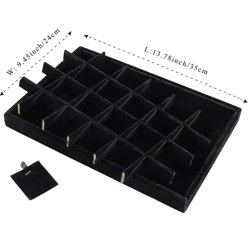 24 Grid Jewelry Tray Velvet Jewelry Display Tray with Removable Dividers | Jewelry Organizer Stackable Trays for Earrings Necklaces Bracelet Rings Display Showcase - Black - color: Black