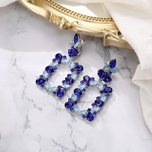 Clip-on Dangle Earring Earrings Art Deco Sparkly Rhinestone Marquise Teardrop Rectangle Geometric Statement for Women - color: Navy Blue Silver-Tone
