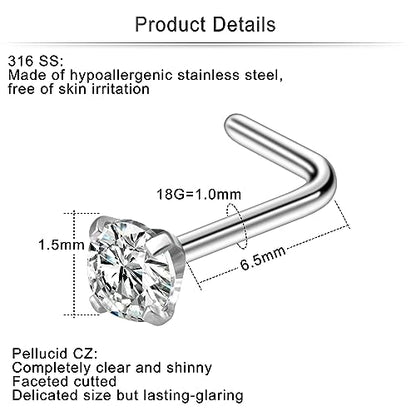 Cisyozi 18G Nose Rings Studs Hypoallergenic Nose Piercings 316L Surgical Steel Silver Nose Rings Set L Shaped Nose Nostril Piercing Jewelry for Women Men Diamond CZ 1.5mm 2mm 2.5mm 3mm 3.5mm 4mm - color: 18G - L Shaped -1.5mm
