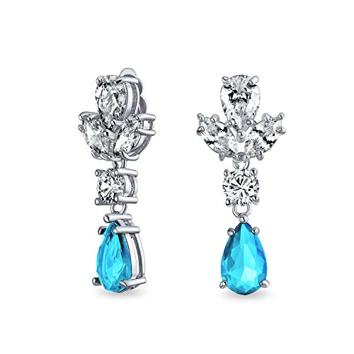 Bling Jewelry Vintage Style Simulated Gemstone Cubic Zirconia AAA CZ Statement Dangle Leaf Teardrop Formal Chandelier Clip On Earrings Wedding Prom Silver Plated - color: Aqua