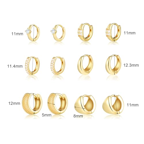 Wgoud Small Gold Hoop Earrings Set for Women, 6 Pairs 14K Gold Plated Hypoallergenic Lightweight Huggie Hoops Earrings, Trendy Cartilage Cubic Zirconia Earrings for Women Gifts. - color: F-Gold hoops