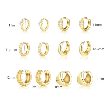 Wgoud Small Gold Hoop Earrings Set for Women, 6 Pairs 14K Gold Plated Hypoallergenic Lightweight Huggie Hoops Earrings, Trendy Cartilage Cubic Zirconia Earrings for Women Gifts. - color: F-Gold hoops