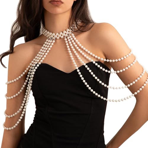 Summer Multi-layered Pearl Shoulder & Body Chain Jewelry - Festival & Rave Pearl Neck & Arm Chain - Sexy Bridal & Wedding Jewelry for Women