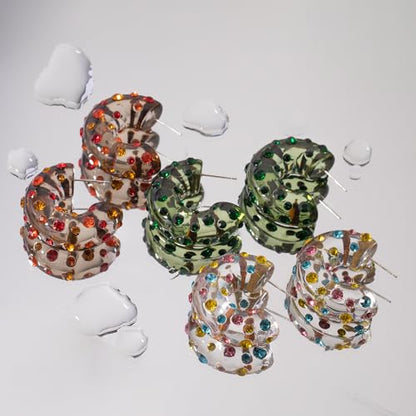 Chunky Acrylic Hoop Earrings for Women Thick Rhinestone Resin Open Hoops Colorful Geometric Earrings Lightweight Hypoallergenic for Sensitive Ears - color: CZ-Red
