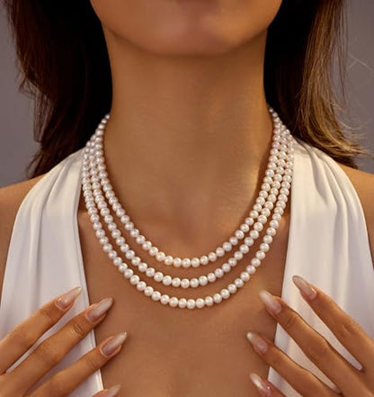 Freshwater Pearl Choker Necklace; Triple-Layer Pearl Necklaces for Women | 6-7mm Real Pearl Necklace; Sterling Silver Necklace; Classic Pearl Necklace