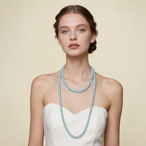 BABEYOND Long Pearl Necklace Faux Pearls Necklace Set Beaded Long Pearls Necklace 1920s Gatsby Costume Jewelry - color: Blue