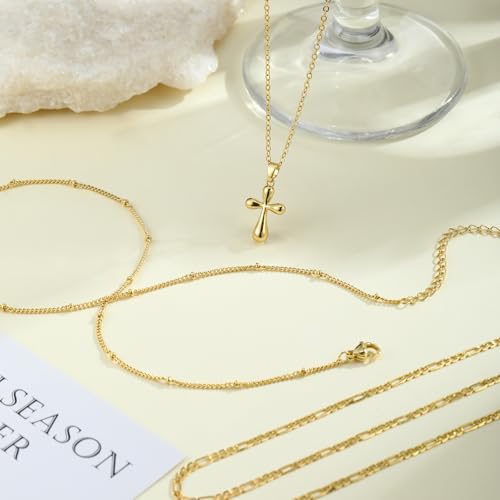 MFRYK Gold Necklaces for Women,14K Gold/Silver Plated Choker Layered Necklace Dainty Pearl Disc Cross Circle Heart Pendant Chain Stackable Necklaces, Multilayer Jewelry Set Gifts for Women - style: 3Layered Cross-GD