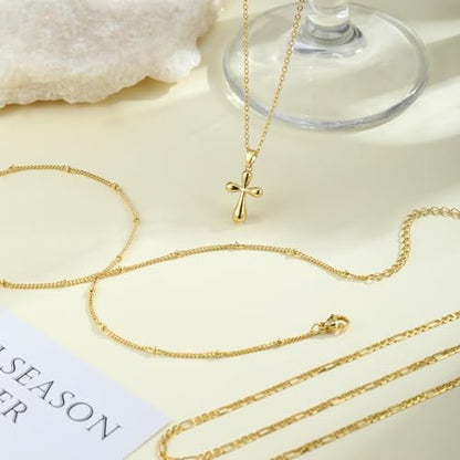 MFRYK Gold Necklaces for Women,14K Gold/Silver Plated Choker Layered Necklace Dainty Pearl Disc Cross Circle Heart Pendant Chain Stackable Necklaces, Multilayer Jewelry Set Gifts for Women - style: 3Layered Cross-GD