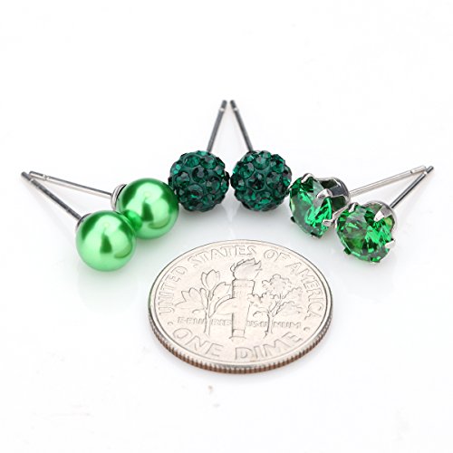 JewelrieShop Birthstone Studs Earring Set Cubic Zirconia Rhinestones Crystal Ball Faux Pearl Stainless Steel Stud Earrings for Women Jewelry Gift (6mm Round,3 Pairs) - color: 5) May. - Green