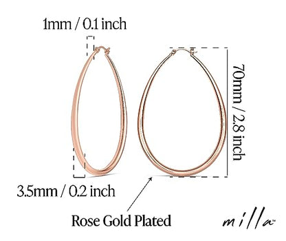 Milla Oval Hoop Earrings for Women | Elegant Polished 14K Gold, Rose Gold or Silver Plated Hoops with Secure Latch Closure, Hypoallergenic & Lightweight - color: Rose Gold Plated / 2.8 in - X-LARGE